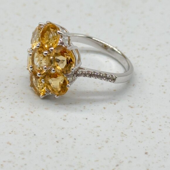 Citrine Cluster Flower Sterling Silver Ring 4.61ct Prong Set White Zircon Accent - Picture 3 of 10
